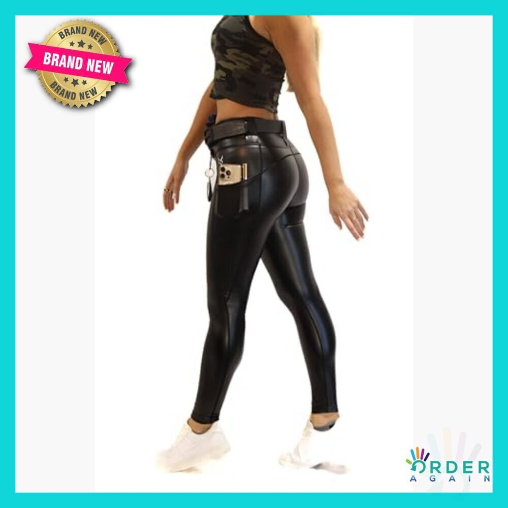 Faux Leather Leggings High Rise Tactical EDC Functional Fleece Lined Chic - Picture 6 of 7